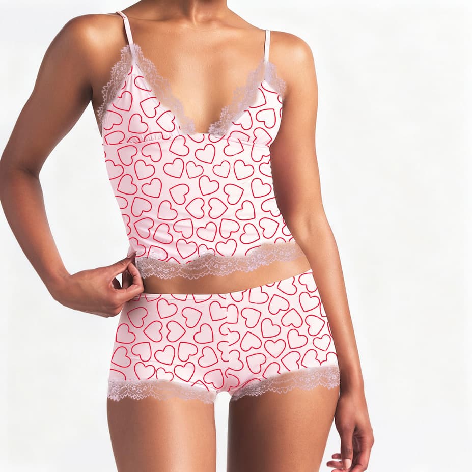 European and American Girl Pure Desire Style Heart Print Lace Two-Piece Homewear Camisole Shorts Casual Set Pajamas for Women