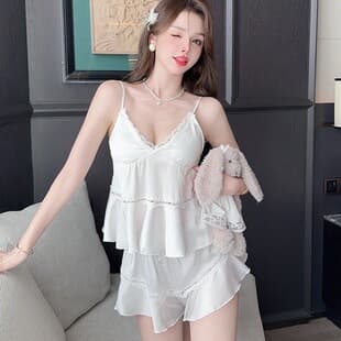 Women's Summer Ice Silk Pajama Camisole and Shorts Set, Pure Style Lace Trim with Built-in Pads, Spring and Autumn Loungewear