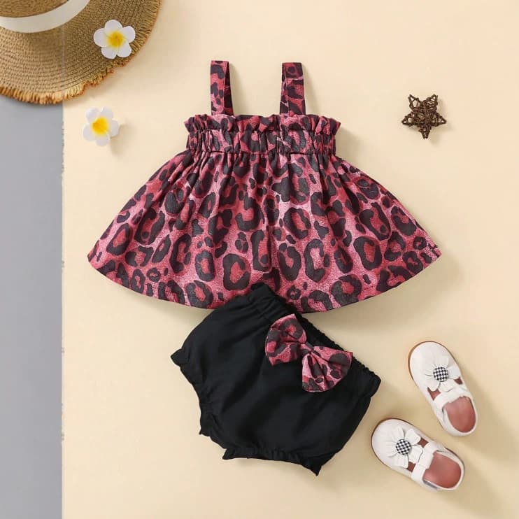 Spring and summer baby girl suit, dark brown leopard print suspender skirt top + bow black butt pants two-piece suit