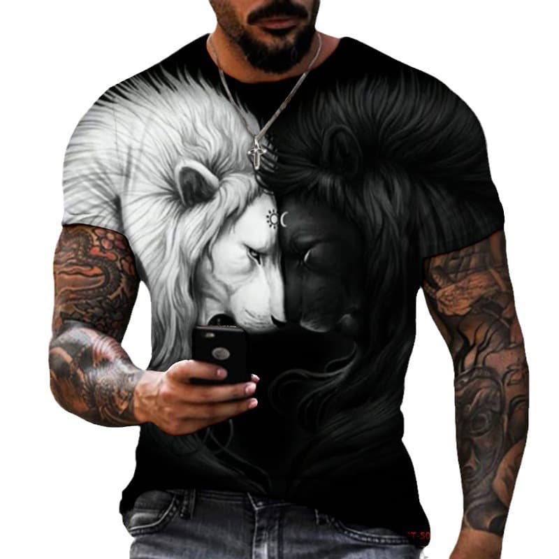 Cross-border Lion Beast Fight Tiger Wolf 3D Print T-Shirt Summer Men's Oversized Short Sleeve Trendy Print