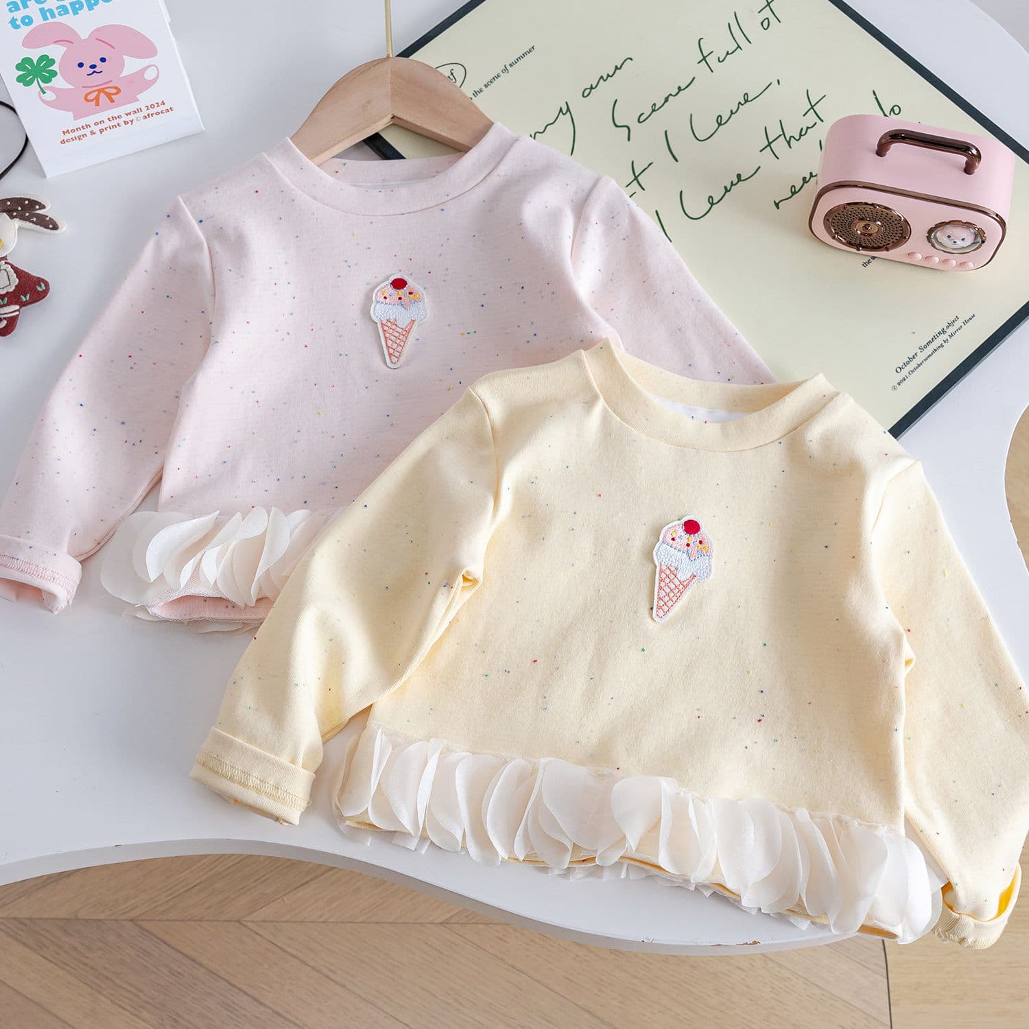 Girls' Fall New Sweatshirt 2025 New Cute Baby Ice Cream Applique Mesh Hem Sweet Top