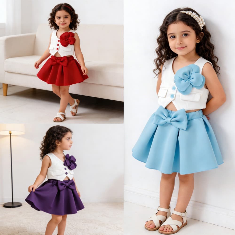 New Summer-Autumn Girls' Set: Vest with Floral Air Layer Butterfly Bow Skirt Two-Piece Set, Drop Shipping Available