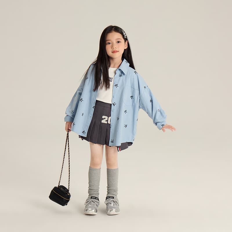 Elmo Beibei Girls Korean Style Sweet Bow Shirt 2026 Spring Children's Baby Full Print Lapel Shirt Jacket