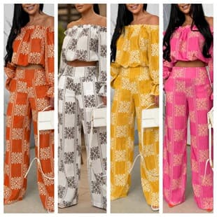 Summer New One-Shoulder Print Wide-Leg Pants Set Women French Casual Style Slimming Two-Piece Set Vacation