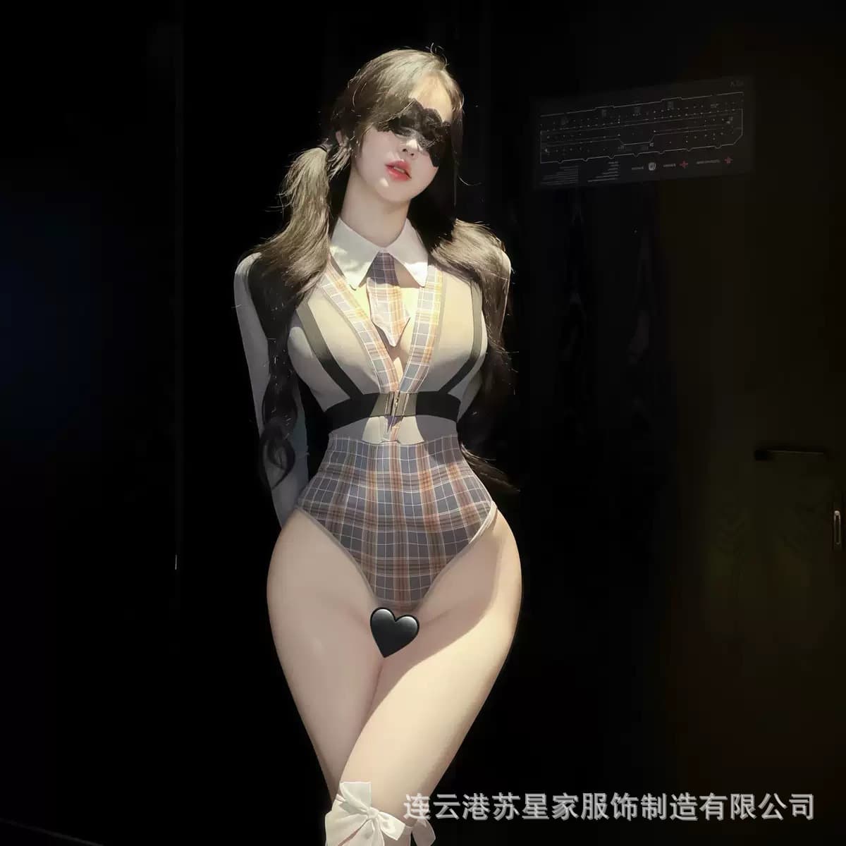 Suxing Plus Size Lingerie Sexy Secretary Deep V Flirting Pajamas Easy Off Plaid Bodysuit Uniform Set