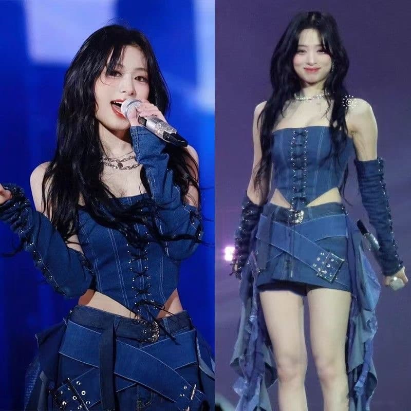 Babymonster Jung Ahyeon same-style denim stage outfit K-pop jazz performance costume for girl groups