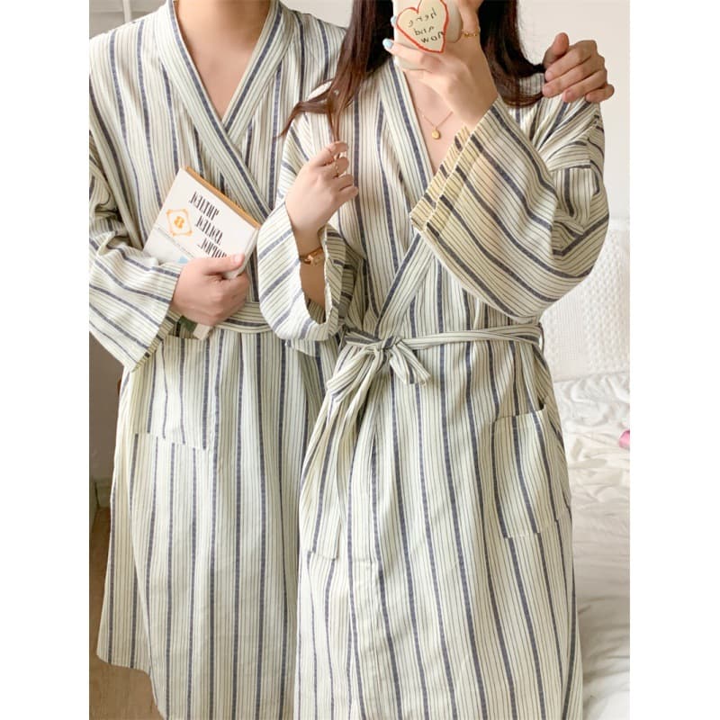 Cross-border Special for Foreign Trade Women's South Korea New Couple's Nightgown Home Clothes Long Striped Same Style Bathrobe Trendy for Men and Women