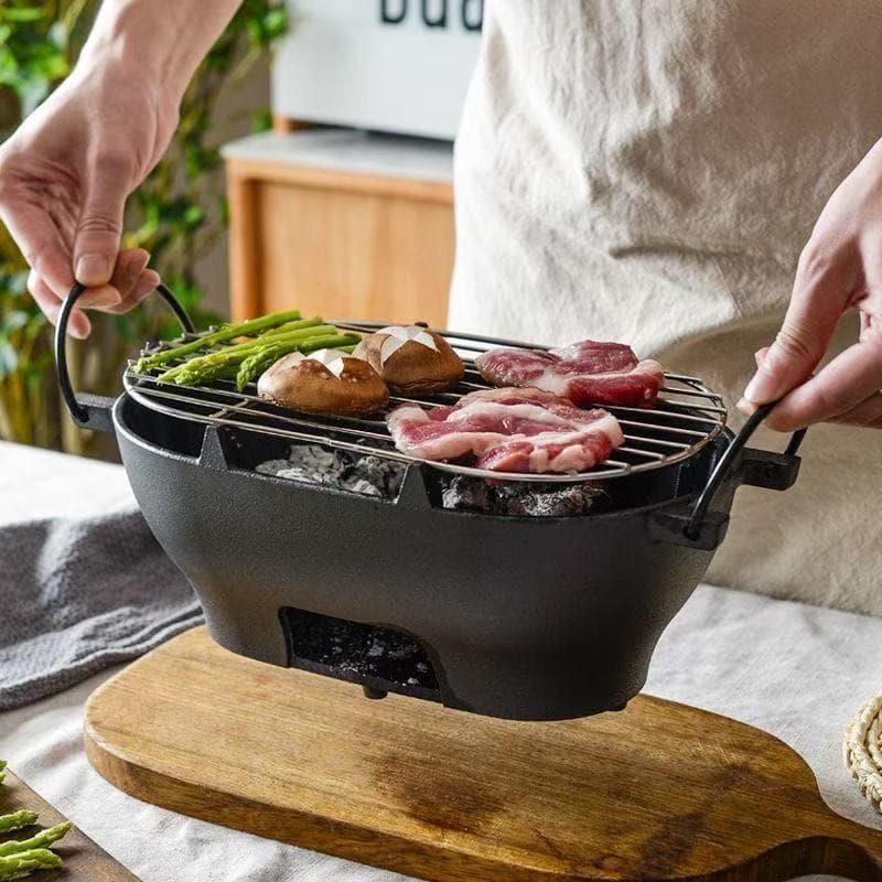 Cast Iron Oval Barbecue Grill with Charcoal Tray, Durable Multi-functional Portable Household Outdoor Grill