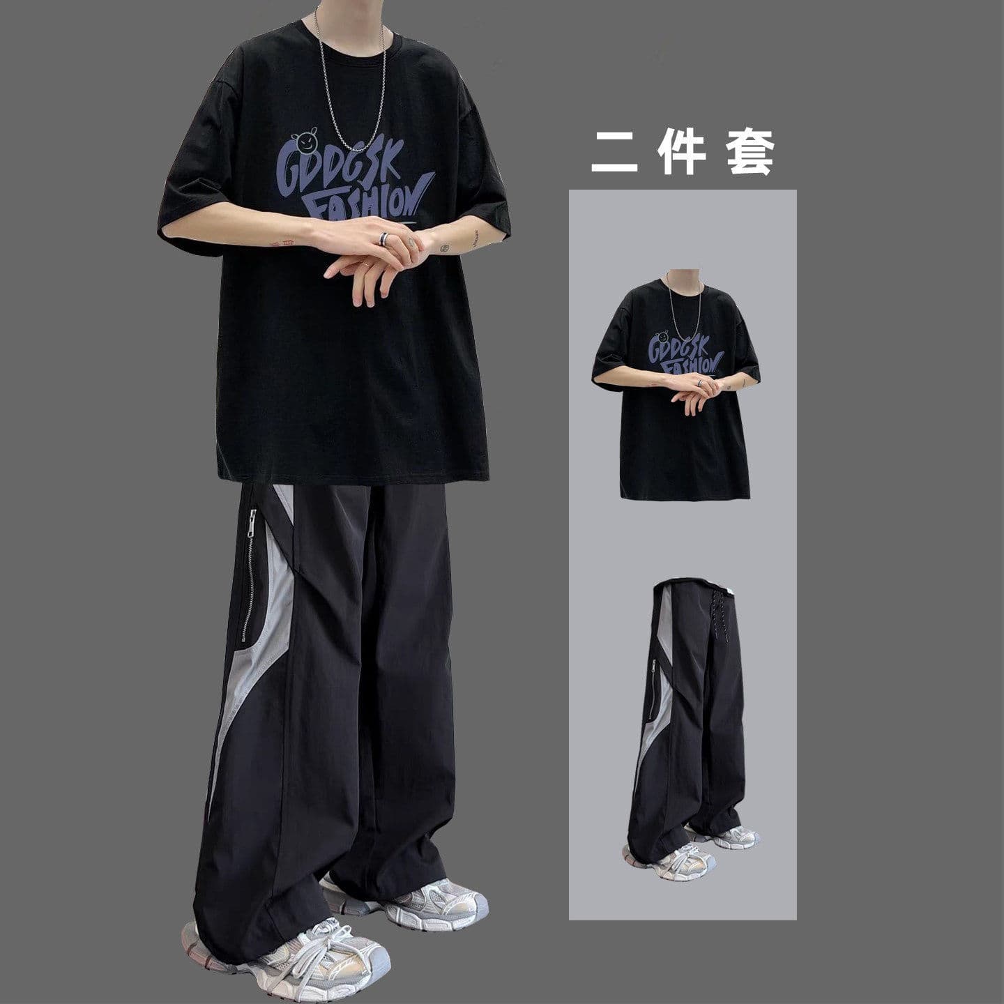 Hong Kong Style Trendy Short-Sleeved T-Shirt for Men, Summer Youth Suit, Casual Pants Two-Piece Set, Versatile Student Sports Outfit