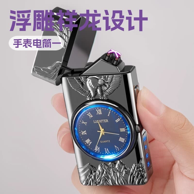 2217 Embossed Auspicious Dragon Real Watch LED Flashlight Battery Display Heavy Metal Dual Arc Lighter Premium Viral