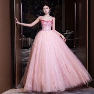 Pink Spaghetti Strap Evening Dress Light Luxury Sequins Adult Ceremony Birthday Banquet Tutu Dress Student Chorus Art Exam Performance Wear