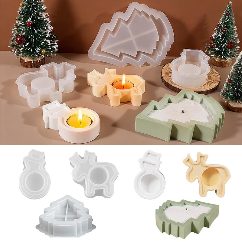 Christmas Reindeer Snowman Candle Holder Silicone Mold DIY Epoxy Resin Christmas Tree Candle Holder Base Casting Mold