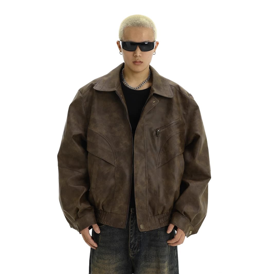 American Vintage Retro Distressed Leather Jacket for Men Spring Autumn New Trendy Design Casual Notched Collar Coat