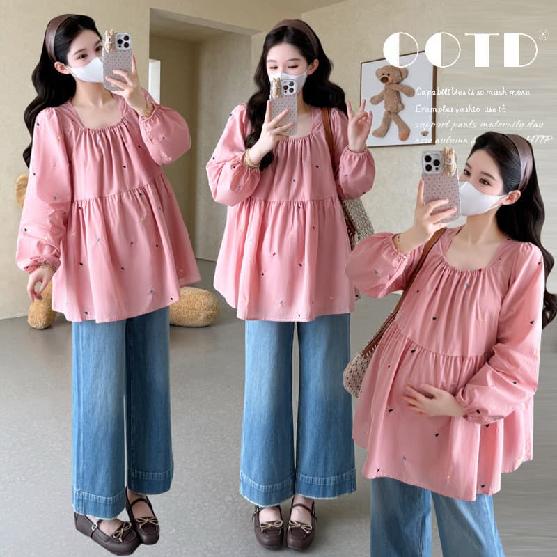 In Stock 2025 Autumn New Maternity Long Sleeve Korean Style Cotton Embroidered Chanel-style Babydoll Top