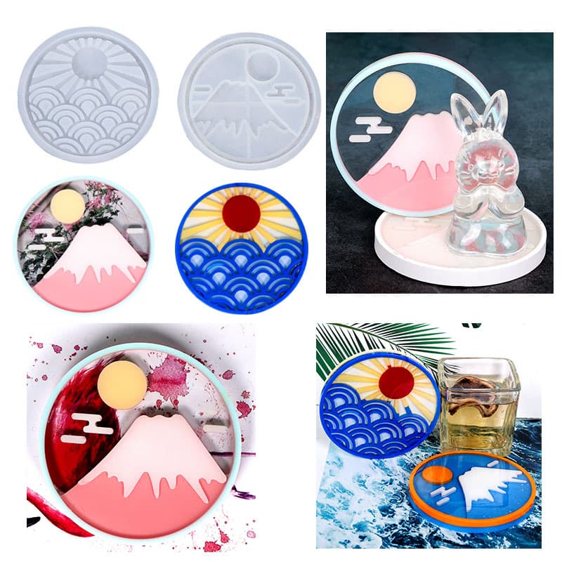 Zhongcheng DIY Epoxy Resin Mold Sea Sunrise Fuji Mountain Coaster Silicone Mold Round Coaster Mold