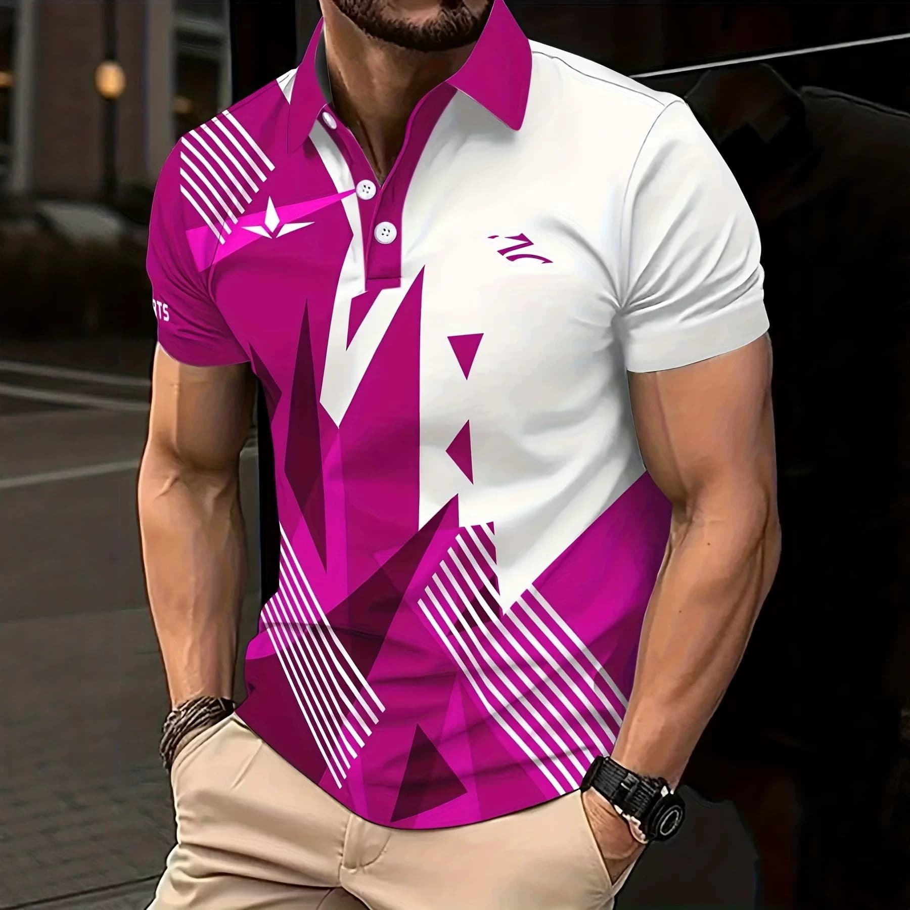 Cross-border popular men's contrasting color geometric line lapel polo shirt summer casual style versatile short-sleeved tops wholesale