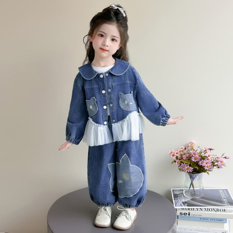 Girls Denim Set Trendy Kids Denim Bloomer Pants Two-Piece Outfit Baby Girls Autumn 2026 New