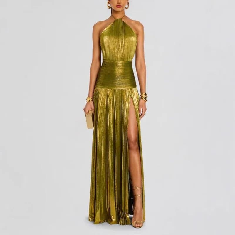 Hanging neck sleeveless dress solid color halter neck sleeveless waist slit dress for women