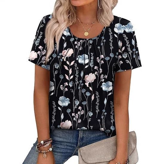 2026 Amazon Europe and America New Pleated Round Neck Short Sleeve Top Business Casual Solid Color Casual Top Women's T