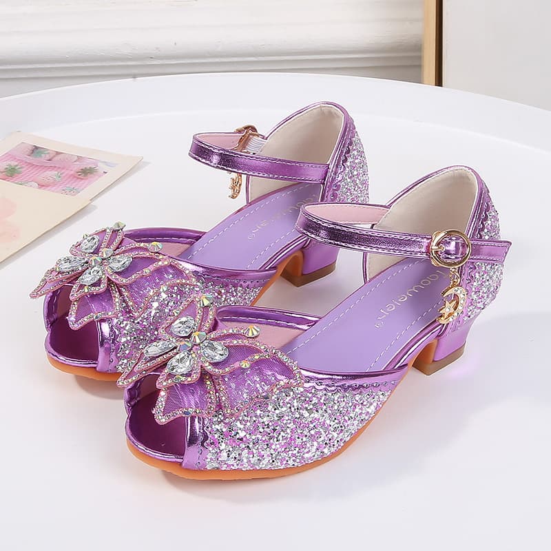 Girls' Sandals High Heels, Summer Children's Rhinestone Sparkly Bow Princess Shoes, Little Girls' Fish Mouth Elsa Kids' Shoes