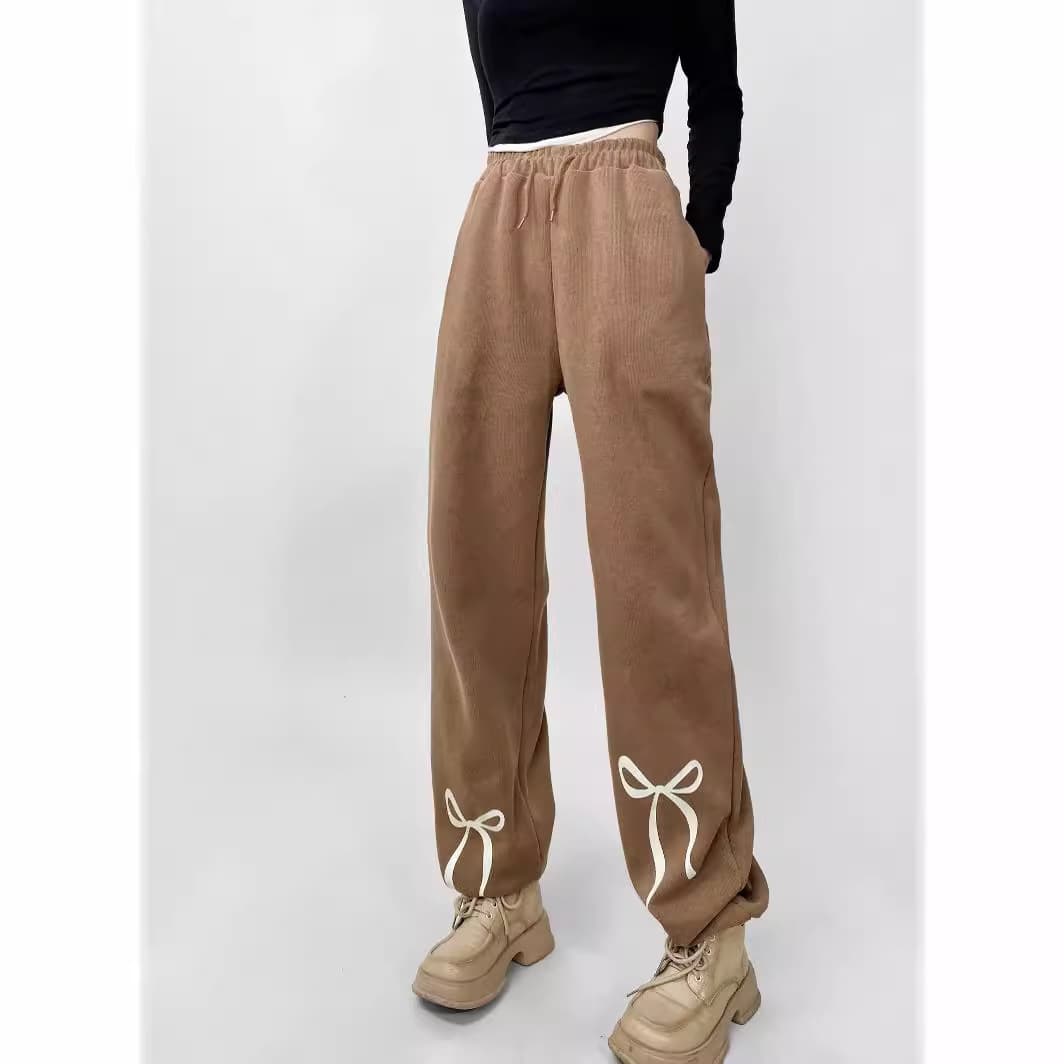 2025 Spring New Bow Printed Sports Pants Women's Korean Hot Girl Drawstring High Waist Casual Leggings Sweatpants