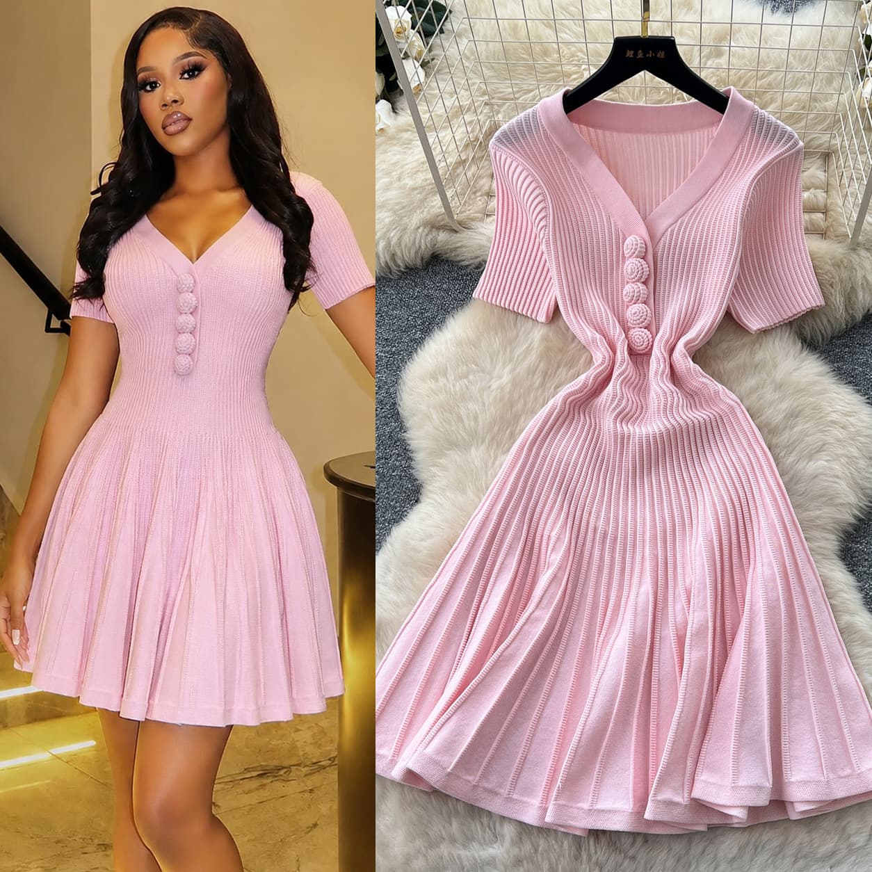 Salt style V-neck short-sleeved slim fit age-reducing knitted dress for women summer waist slimming A-line skirt commuting temperament skirt