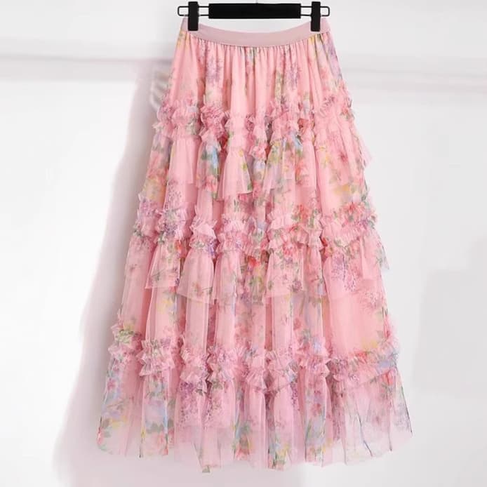 Irregular Floral Print Mesh Half Skirt Spring Autumn Women's New Style French Elegant Long A-Line Skirt Heavy Embellishment