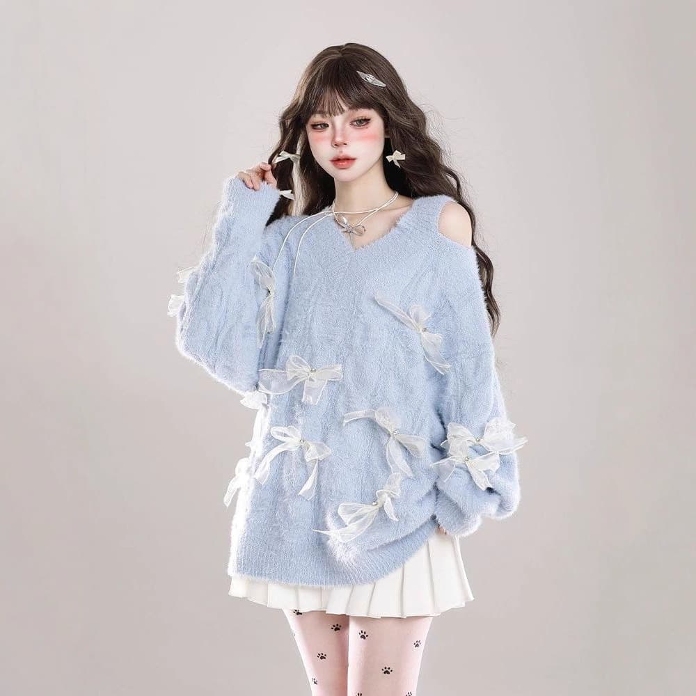 Bow Off-Shoulder V-Neck Imitation Mink Fur High-End Sweater Women Autumn/Winter Outfits Lazy Loose Versatile Knit Top