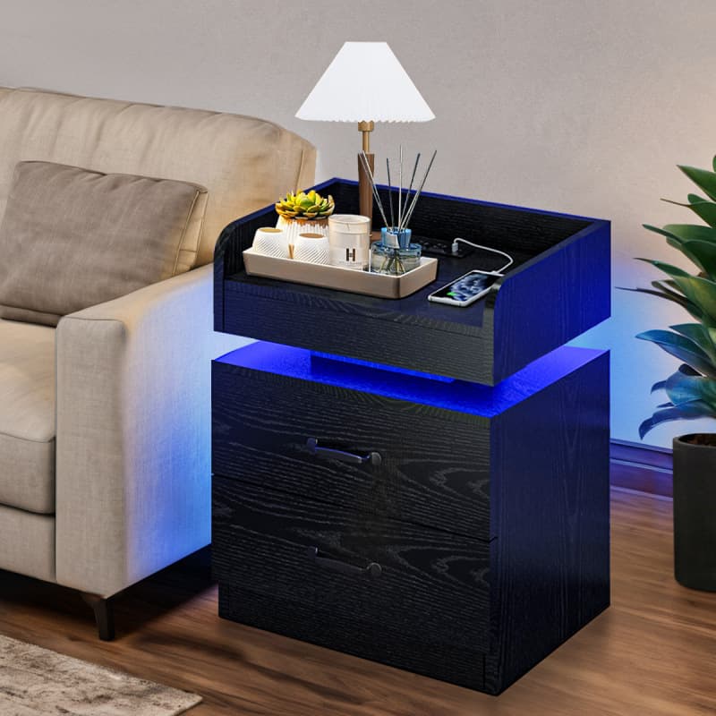 2026 New Style Cross-Border Dropshipping Modern Black Wooden Bedside Table with Charging Stand