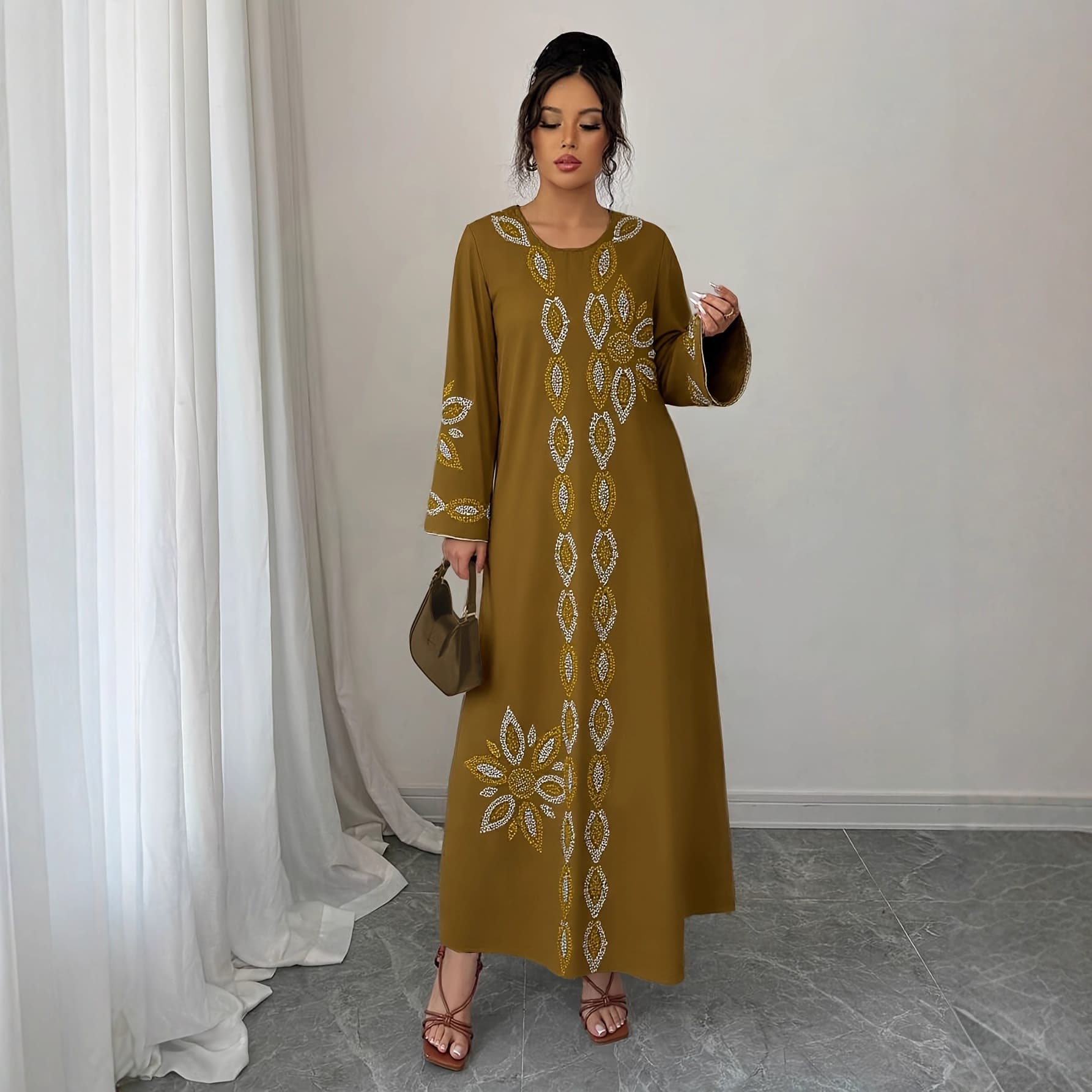 Women's Casual Loose Long Robe Dress with Rhinestone Print, Long Sleeve, Round Neck, Elegant Long Dress