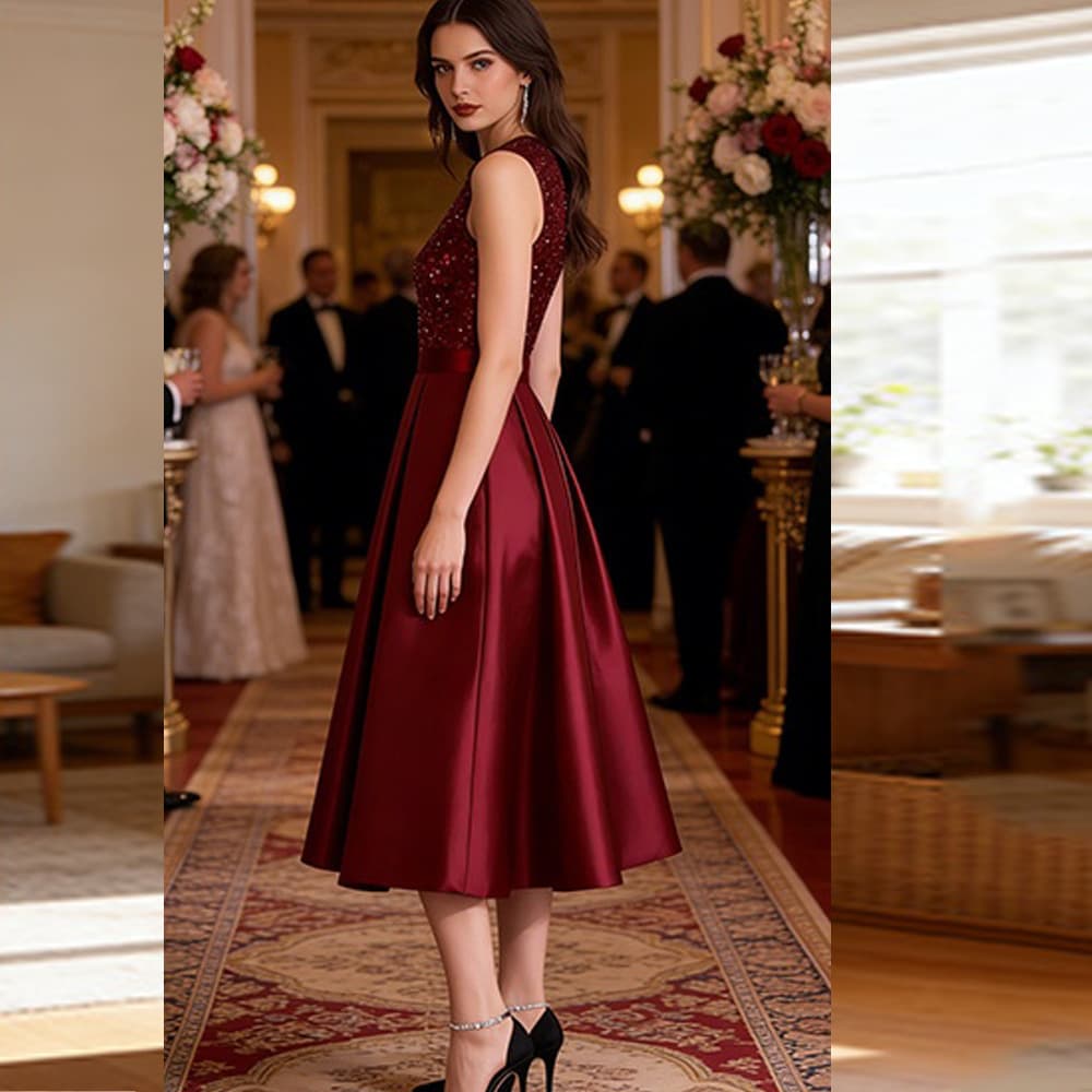 Sequin Patchwork Satin Evening Dress Round Neck Banquet Dress Bride's Toast Host Birthday Party Dress for Women