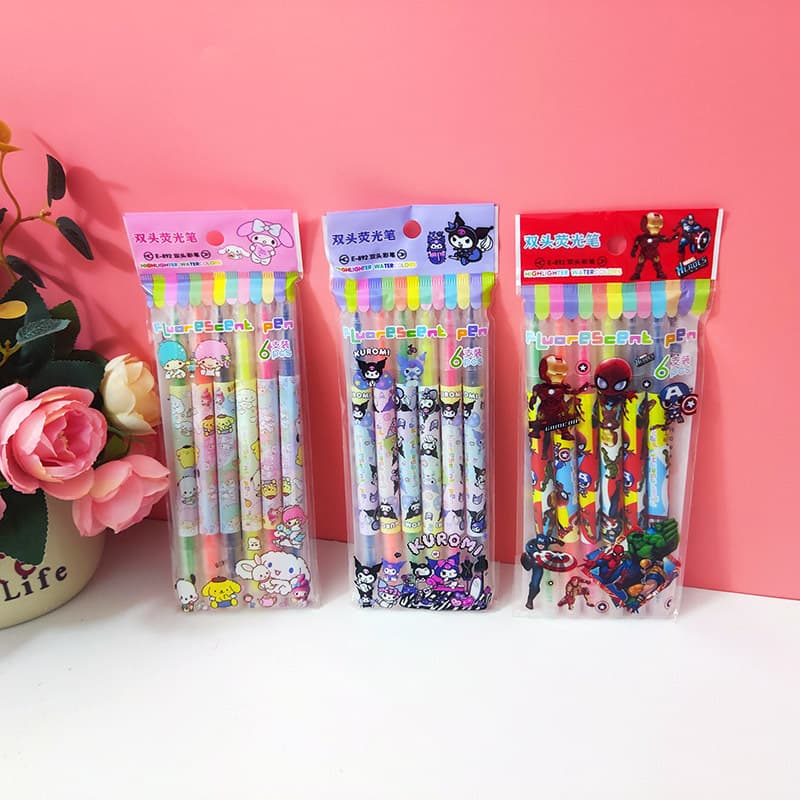 Sanrio Double-Ended Highlighter Pen Set, 6-Pack, Colorful Children's Drawing Student Marker, Chisel Tip, 6 Colors