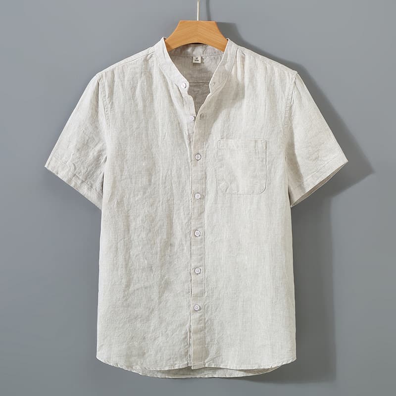 Summer linen short-sleeved shirt for middle-aged men, business casual, pure linen pocket shirt, loose cardigan, half-sleeved linen clothing
