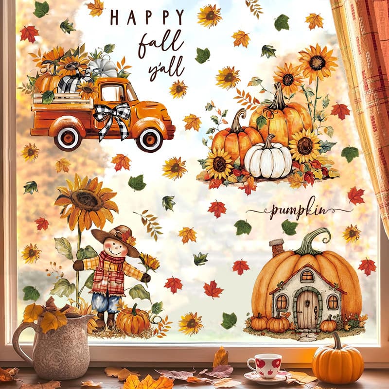 Cross-border Autumn Thanksgiving PVC Static Cling Sticker Scarecrow Maple Leaf Pumpkin Glass Window Decoration