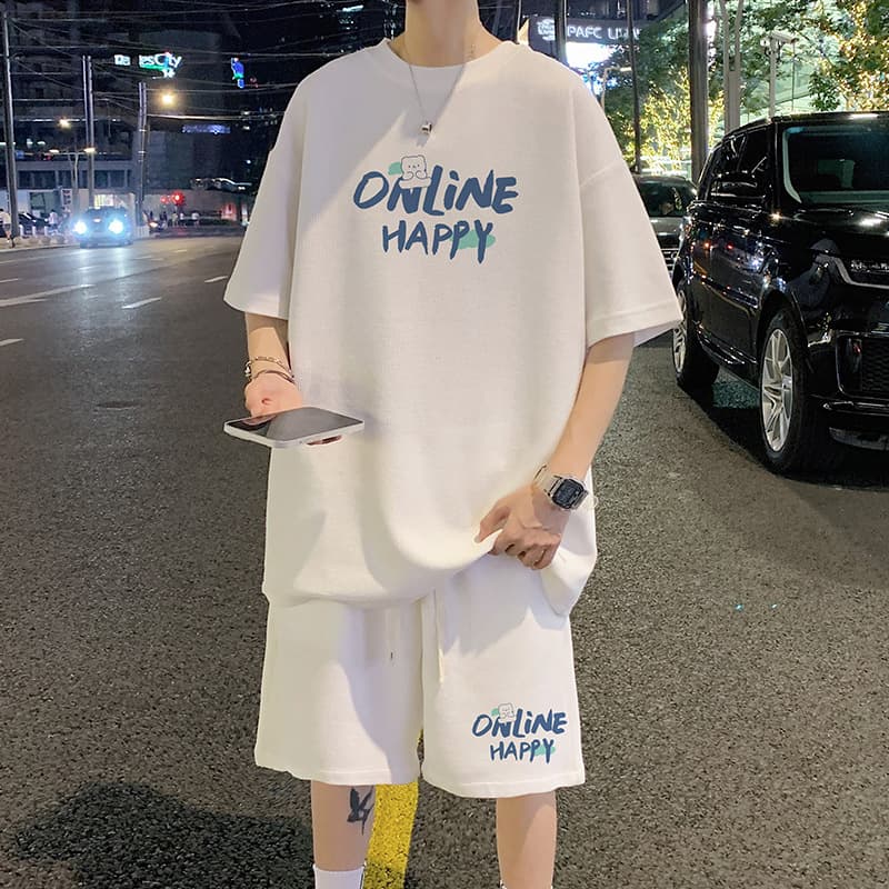 Large size short-sleeved suit for men, summer American trendy loose casual sports two-piece set, handsome men's suit