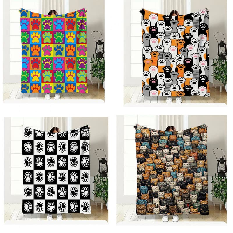 Cute cat print blanket home travel camping blanket single layer flannel shawl blanket soft cartoon fleece blanket
