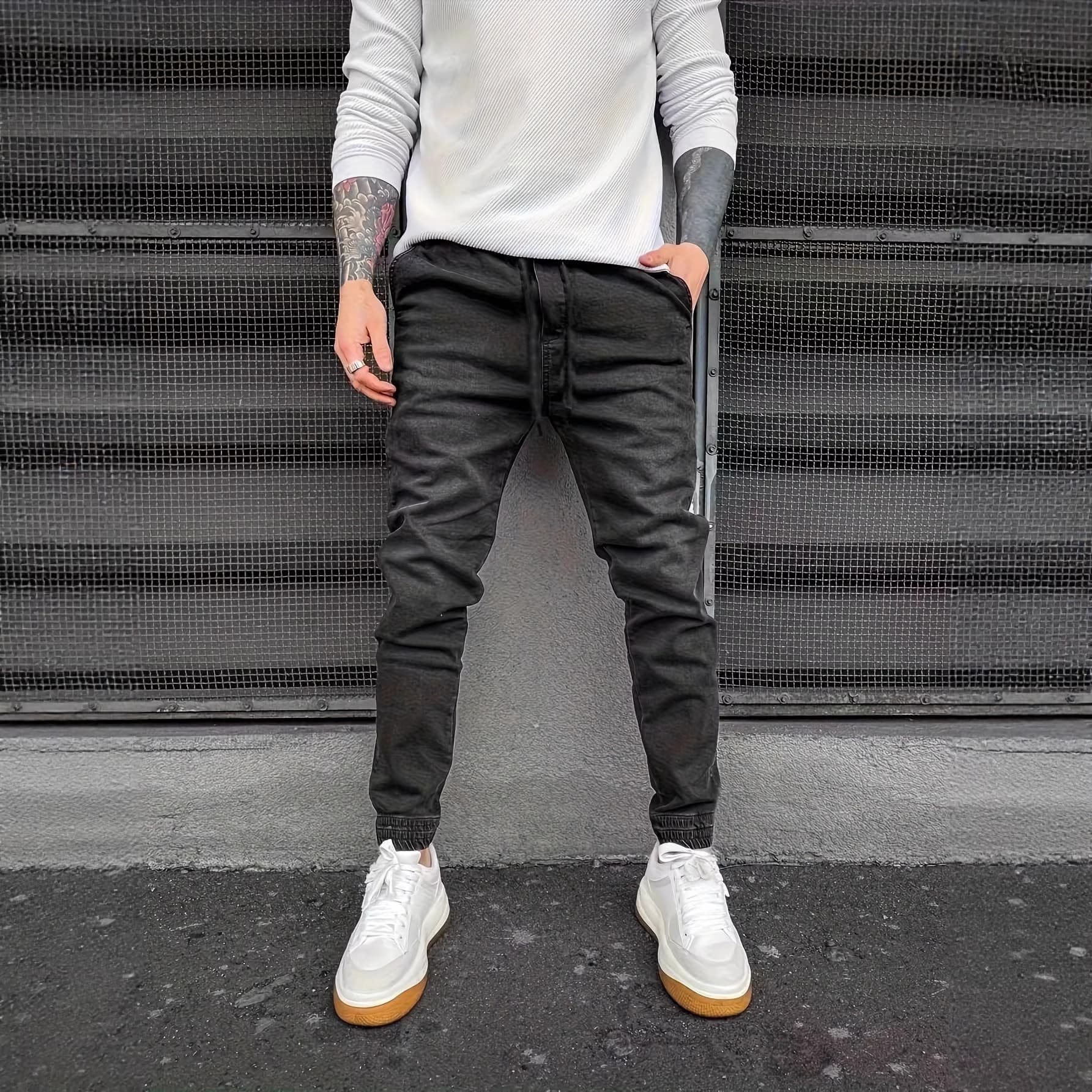 Wish foreign trade export dropshipping hot-selling black and gray drawstring leg jeans for men stretch slim fit versatile jogging pants