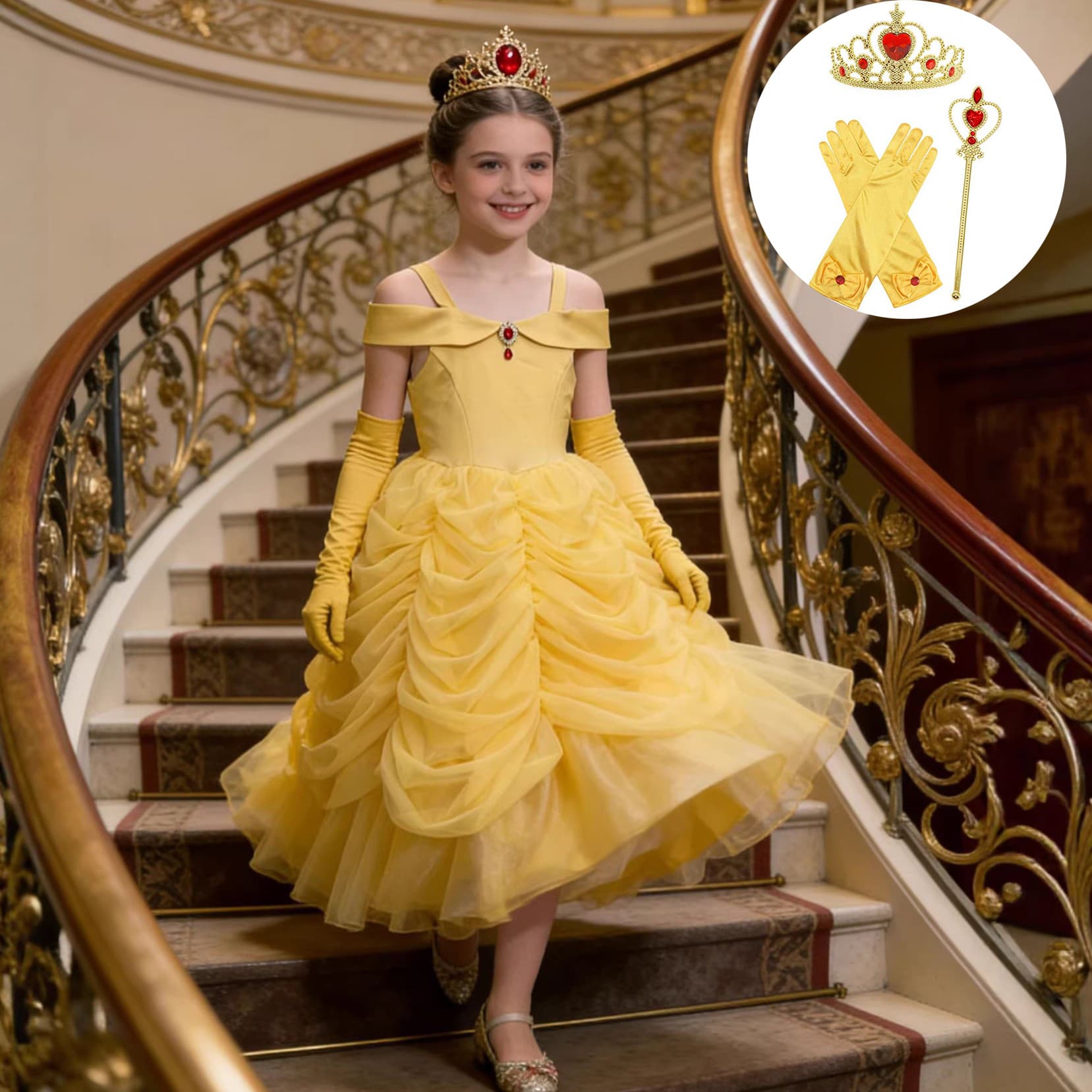 Belle Princess Dress with Gloves, Crown, and Scepter, Birthday Gown for Girls, Tulle Dress, Drop Shipping