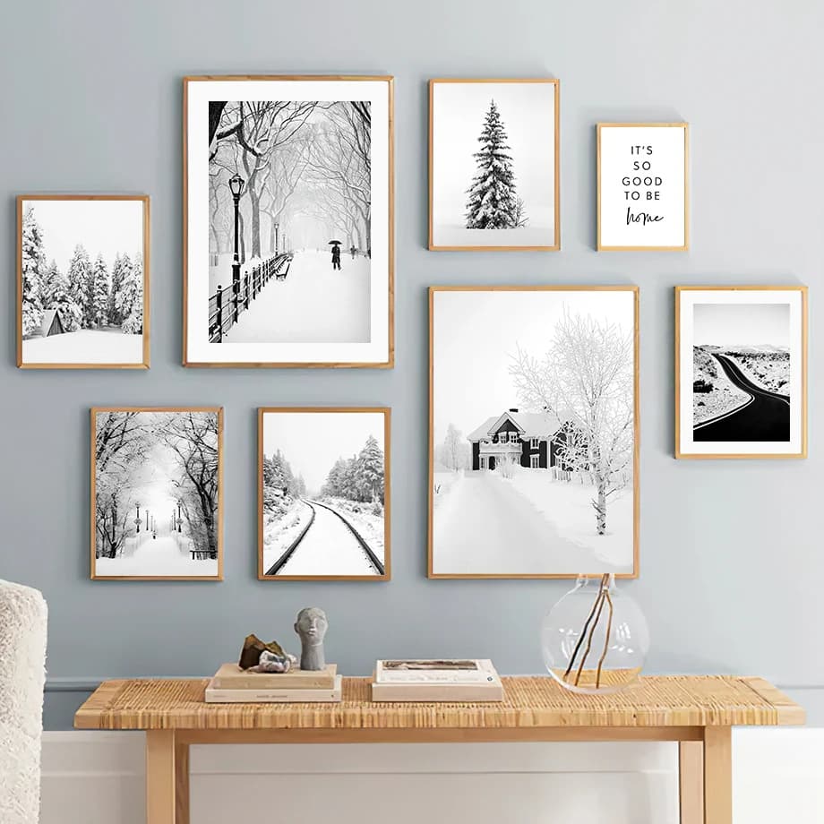 Nordic Winter Snowscape Pine Forest Black and White Christmas Decorative Hanging Art, Modern Cozy Home Bedroom Living Room Print