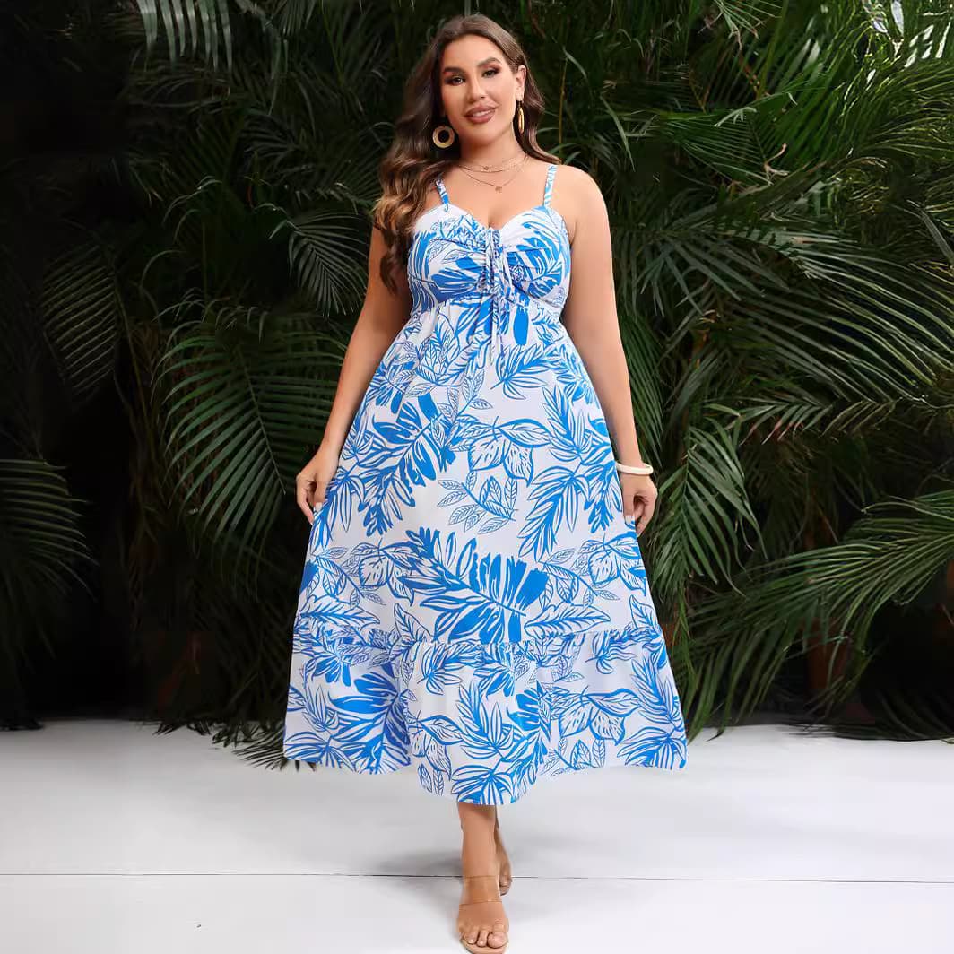 Plus Size Camisole Dress 2024 Summer Leaf Print Flared Bohemian Maxi Dress Vacation Dress