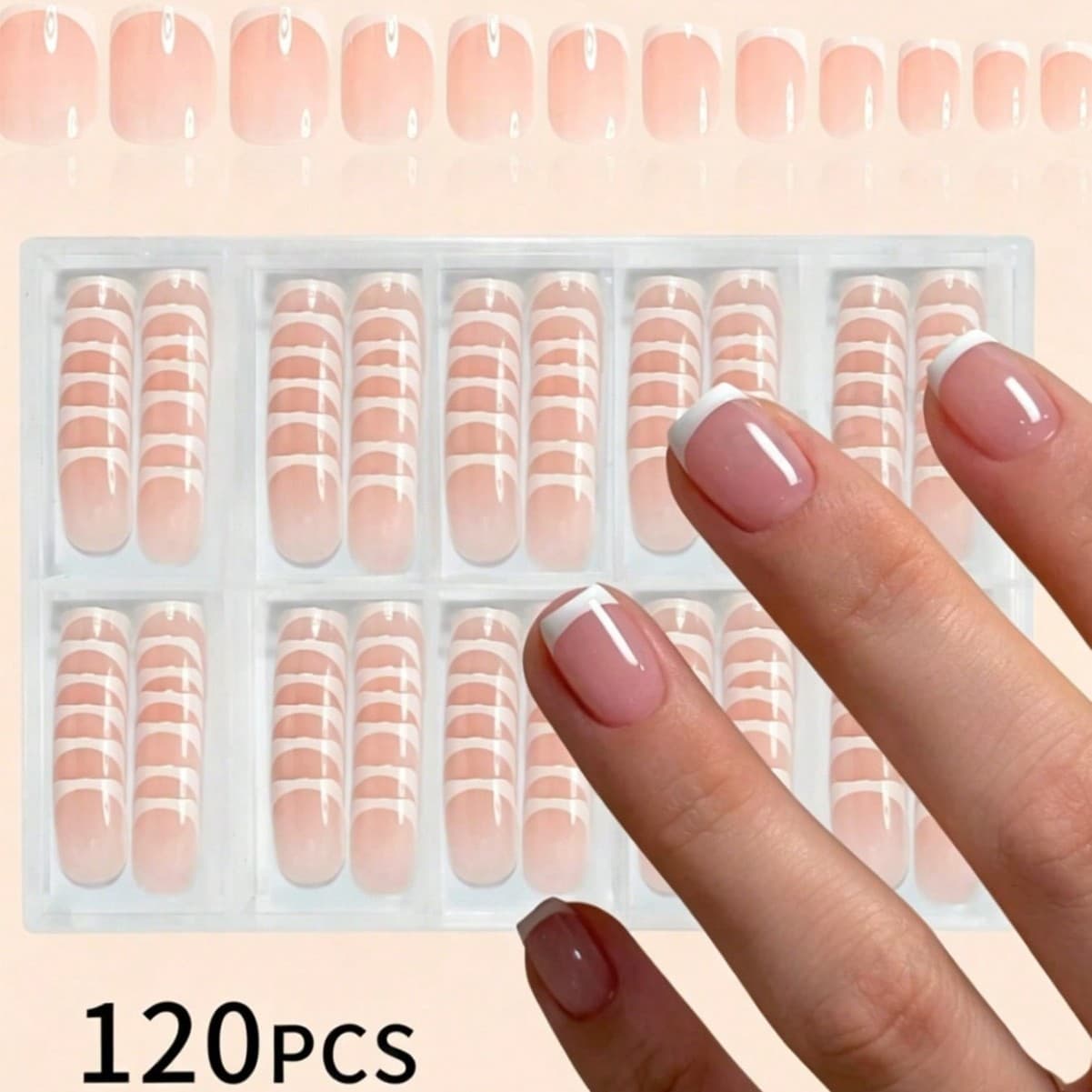 120-Piece Boxed Short Square French Press-On Nail Tips, Nude Pink Solid Color Pre-Made Finished False Nails, Nail Salon Supply