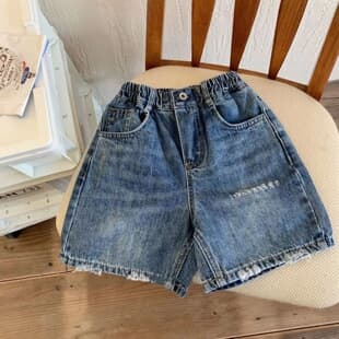 Children's Denim Shorts Summer 2025 New Boy Girl Ripped Shorts Baby Jeans Outwear Thin Mid-Length Pants