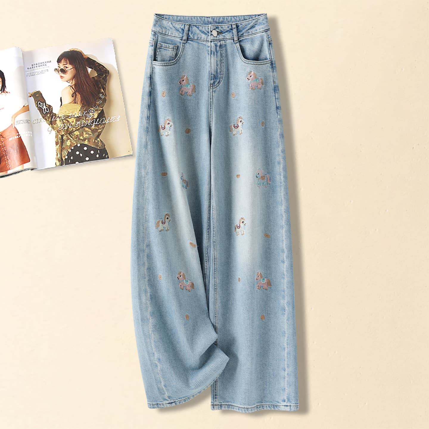Light Luxury Light Blue Little Horse Print Wide Leg Jeans for Women Spring Summer 2026 New Design Slim Straight Leg Pants