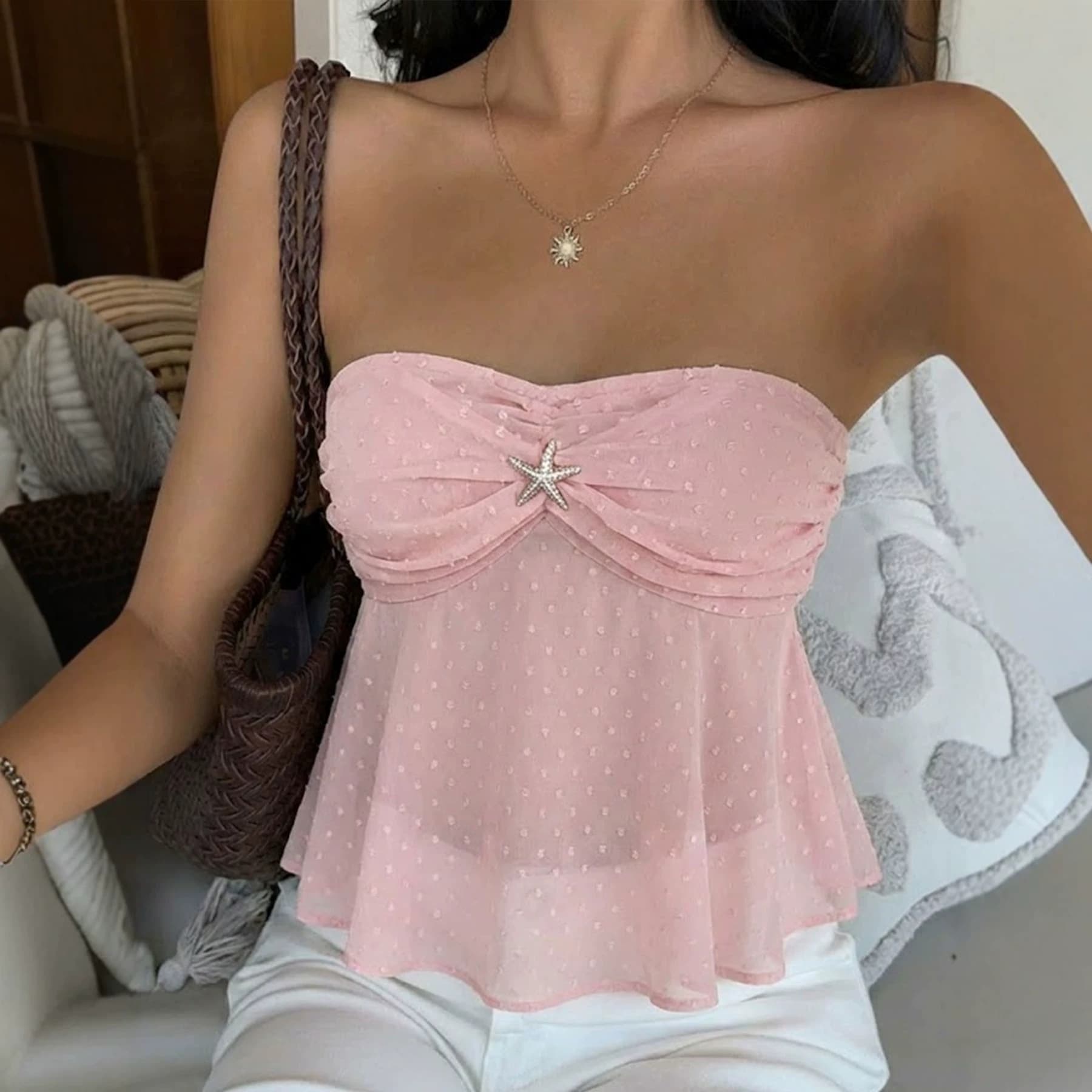 ZT8100 Pure desire hottie sexy tube top summer chiffon flocking pleated high waist sleeveless top