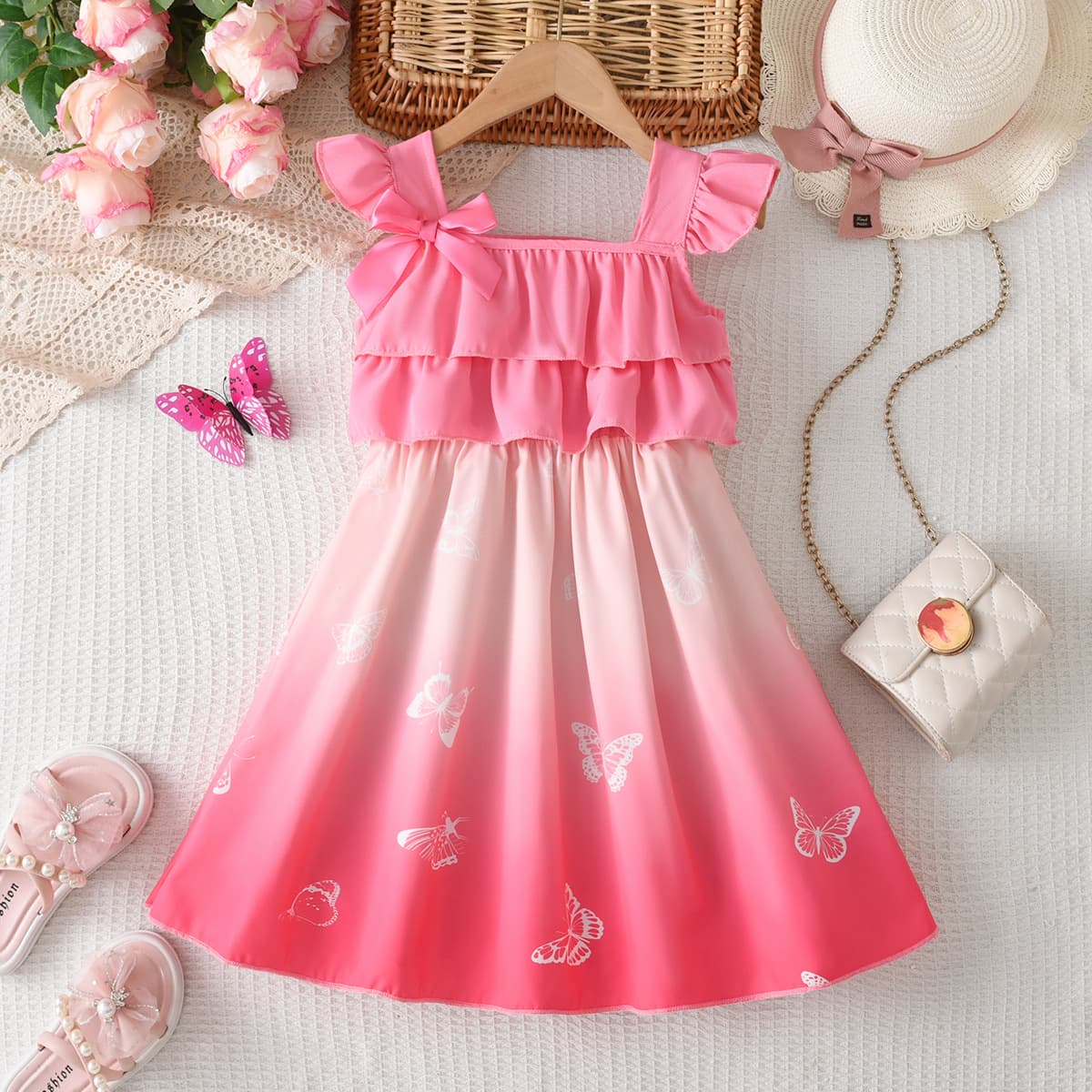 Cross-border girls' gradient dress with flutter sleeves, bow, pink and white color blocking, musical note print, sweet children's summer dress