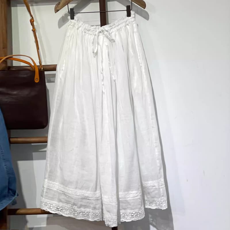 Japanese Tag Cut Vintage Embroidery Lace Trim Ramie Skirt for Women, Summer Double-Layer Thin A-Line Maxi Skirt
