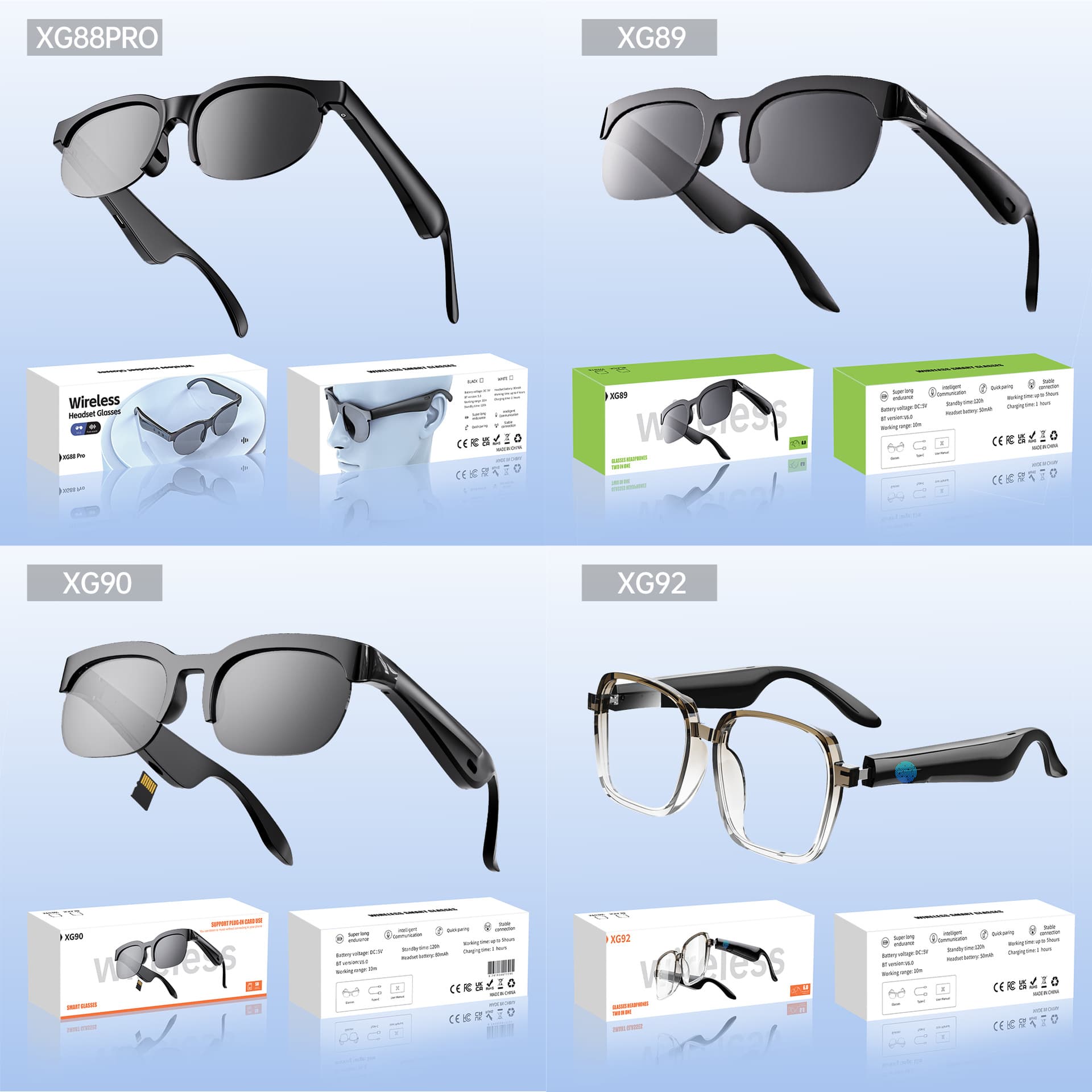 XG88pro 89 90 92 Glasses Wireless Bluetooth Headset Outdoor Sports Sunglasses Music Open AI Translation