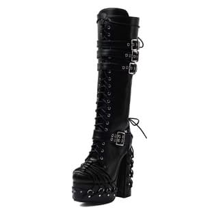 European and American Black PU Lace-Up Punk Gothic Chunky Heel Large Size 44 Women's Knee High Boots