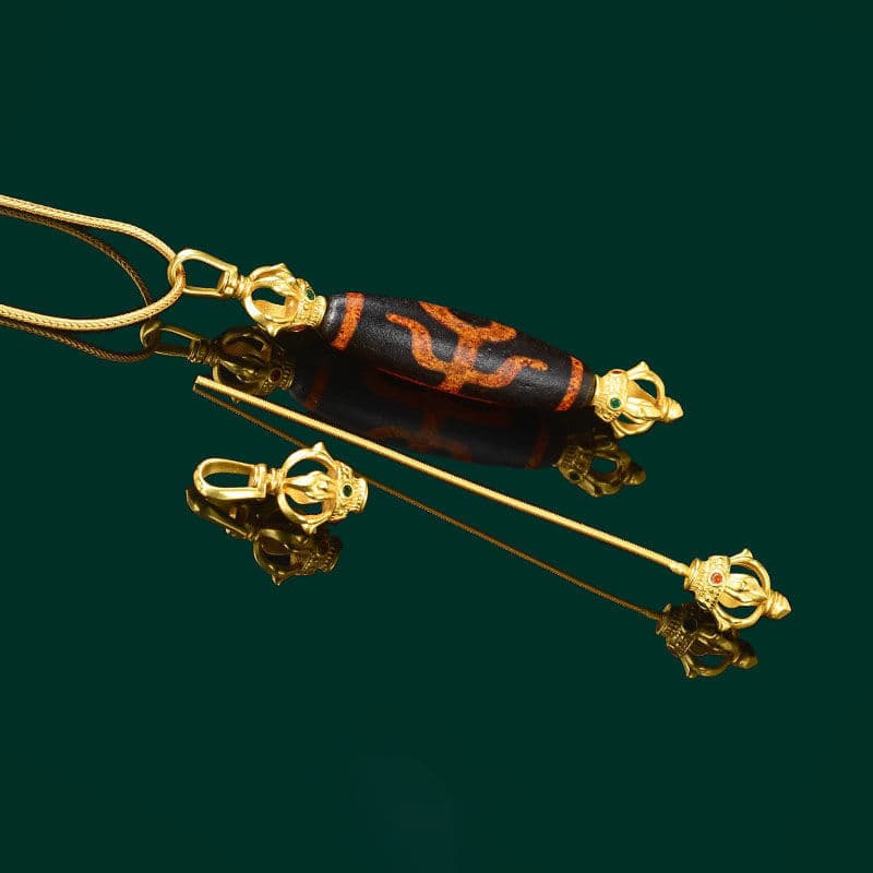 Nine-Eye Dzi Bead Buckle with Screw-Open Design, Vertical Threading for DIY Accessories, Pendant Buckle, Vajra Pestle Hollow Base