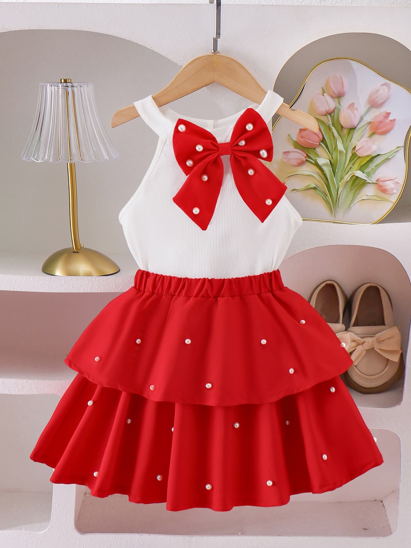 Young Girls Clothes4-7Y Girls Summer Sleeveless Bow Halter Top + Beaded Skirt
